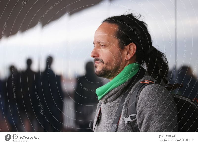 Traveller in Hamburg | UT HH19 Man Adults Life Human being 30 - 45 years 45 - 60 years Sweater Backpack Brunette Long-haired Braids Dreadlocks Designer stubble