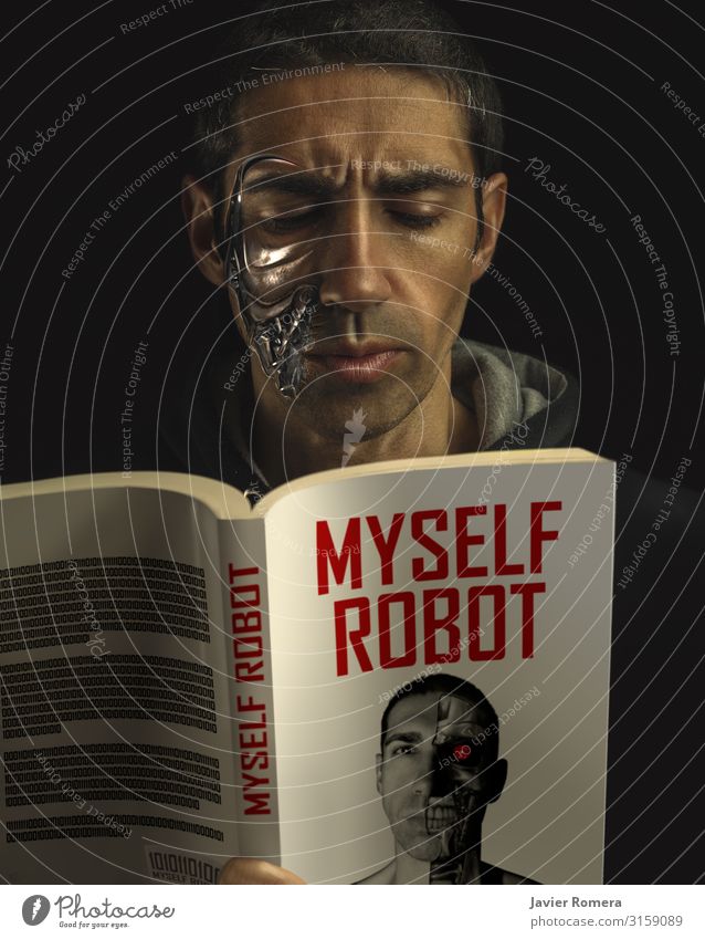 Robot man reading. robot science fiction sci-fi artificial intelligence damaged literature book knowledge reader concentrated technology culture learn