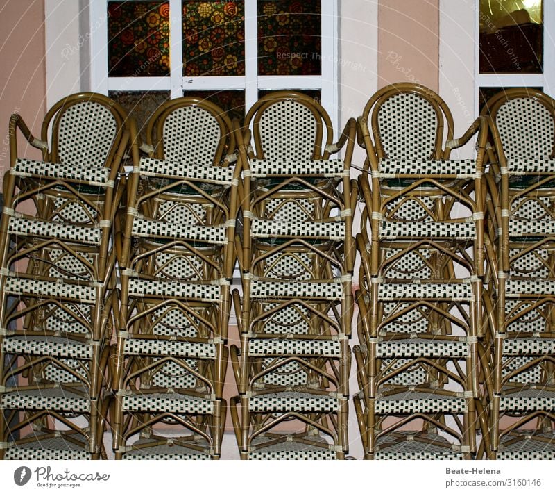 Unoccupied 2 chairs stacked Empty Seating Deserted Gastronomy Outdoor furniture Exterior shot