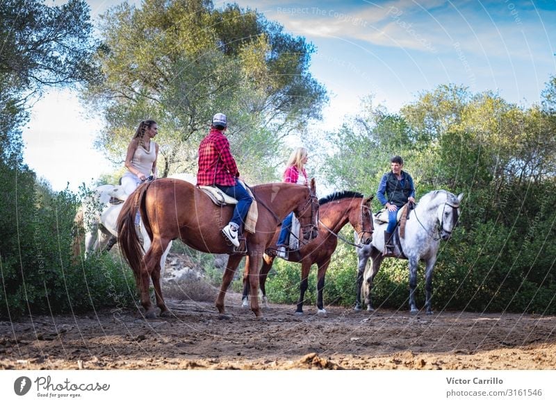 A group of people riding a horse in the nature Lifestyle Elegant Ride Human being Young woman Youth (Young adults) Young man Woman Adults Man 4 18 - 30 years