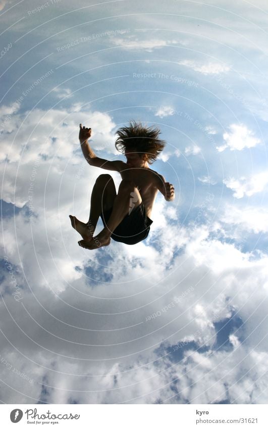 without a parachute?! Clouds Sudden fall Speed Trampoline Strange To fall Flying Crouching Above Blue Sun