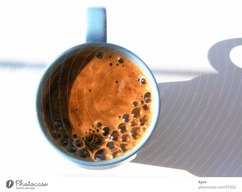 cup of coffee Café Cup Foam Round Carry handle Brown Strong Divide Beans Powder Kitchen Coffee Sun Blow Jump Blue Bright Shadow Above