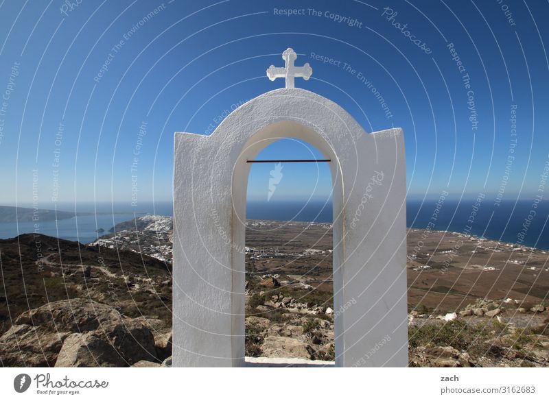 Gate to heaven Landscape Water Sky Hill Coast Ocean Mediterranean sea Aegean Sea Caldera Island Santorini Cyclades Greece Village Church Crucifix Blue Belief