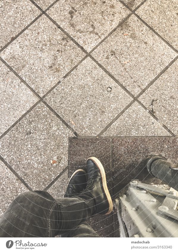 Hey, Buddy. Lifestyle Man Adults Legs Feet Town Train station Stand Wait Poverty Dirty Trashy Gloomy Prompt Serene Patient Contentment Break Perspective