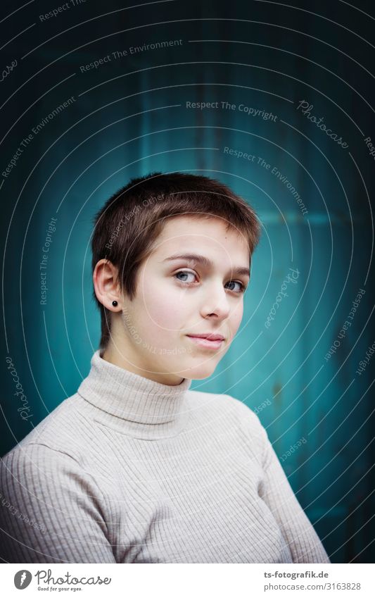 Blue Youth Human being Feminine Androgynous Young woman Youth (Young adults) Life Face 1 13 - 18 years Sweater Roll-necked sweater Hair and hairstyles Brunette