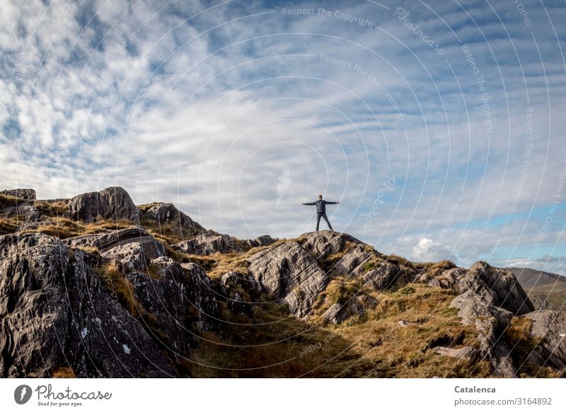 On the way up, man standing on a ridge of hills Androgynous 1 Human being Nature Landscape Sky Clouds Autumn Beautiful weather Grass Rock Mountain Cliff