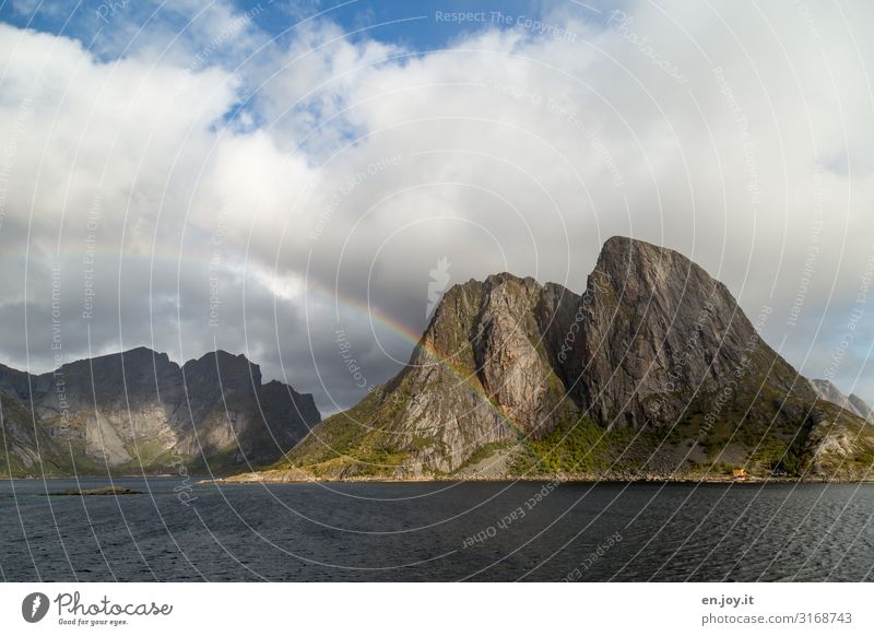 rainbow Vacation & Travel Trip Nature Landscape Elements Storm clouds Autumn Rock Mountain Fjord Island Lofotes Moskenesøya Reine Hamnöy Norway Scandinavia