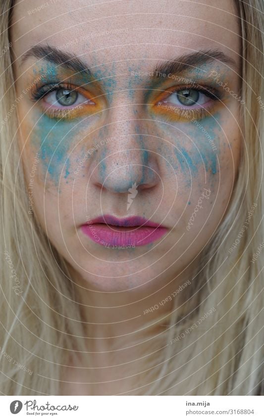 blonde woman with paint on her face pretty Personal hygiene Cosmetics Cream Make-up Lipstick Mascara Feasts & Celebrations Carnival Human being Feminine