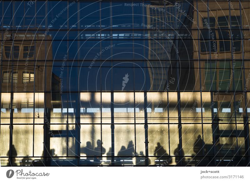 Waiting travellers in the warm evening light Downtown Berlin Glas facade Public transit Station hall Vacation & Travel Large Warmth Moody Symmetry Harmonious