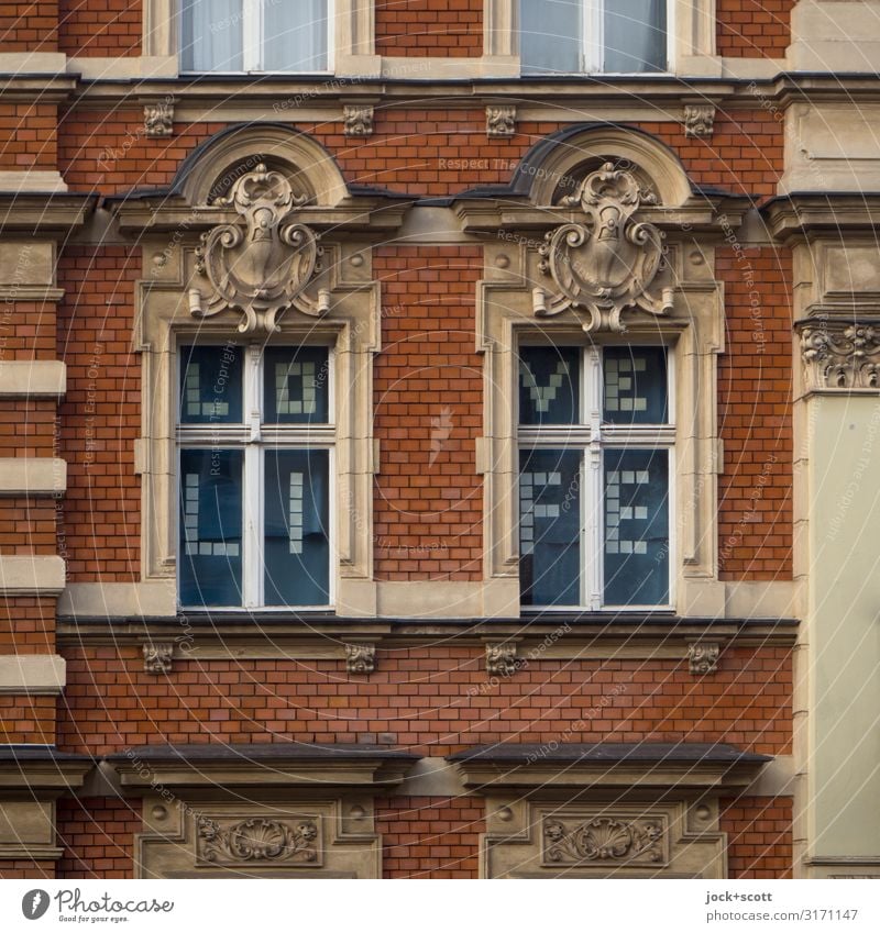 LOVE LIFE a middle-class apartment building Style Schöneberg Town house (City: Block of flats) Facade Window Story Decoration Brick Word Above Optimism