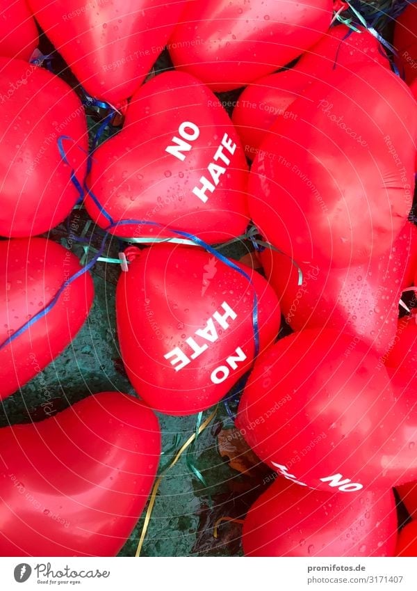 Red balloons "NO HATE" in the autumn Well-being Contentment Characters Flying Lie Infinity Protection Hospitality Solidarity Hatred Balloon Politics and state