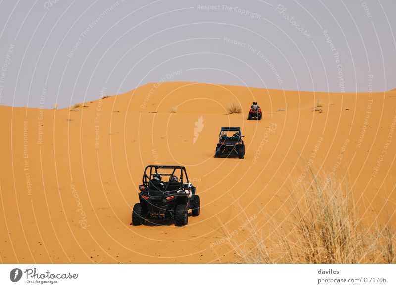 Rally buggies crossing dunes in the desert. Vacation & Travel Trip Adventure Safari Expedition Sports Motorsports Car race Engines Nature Landscape Sand Desert