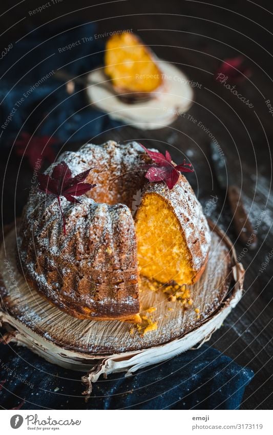 pumpkin pie Cake Dessert Nutrition To have a coffee Slow food Delicious Sweet Yellow Gugelhupf Holiday season Pumpkin time Autumnal Colour photo Multicoloured