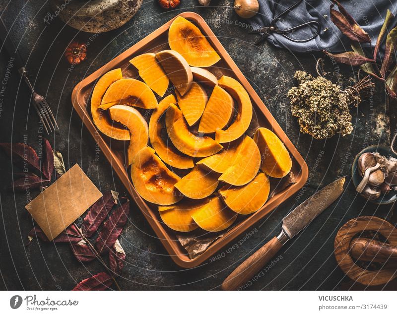 Pumpkin slices on baking tray Food Vegetable Nutrition Organic produce Vegetarian diet Diet Crockery Knives Style Design Healthy Eating Cooking Food photograph