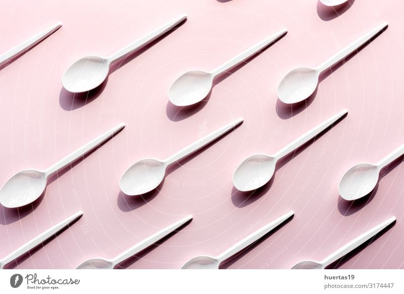 Flat lay photo of white plastic spoons Fast food Coffee Spoon Lifestyle Style Design Plastic Pink White Arrangement equipment picnic utensil Object photography