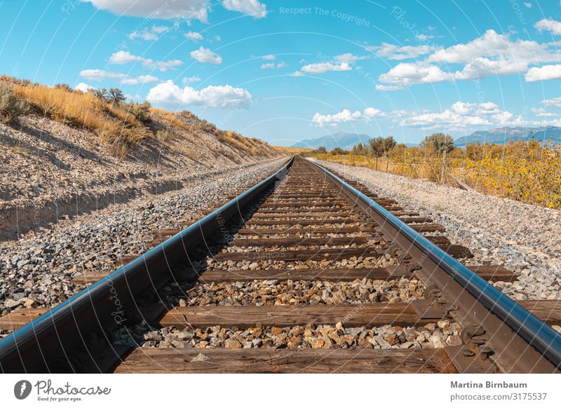 Straight railroad track in Utah, USA - the way forward Vacation & Travel Tourism Trip Summer Industry Nature Landscape Sky Clouds Transport Street