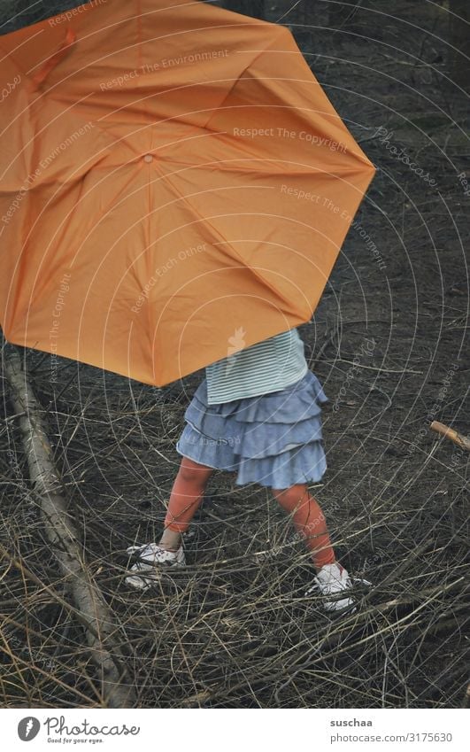 with umbrella in the forest (2) Child Girl Umbrellas & Shades Undergrowth Forest Tree Branch Woodground Dark Individual Multicoloured Orange Skirt Rain
