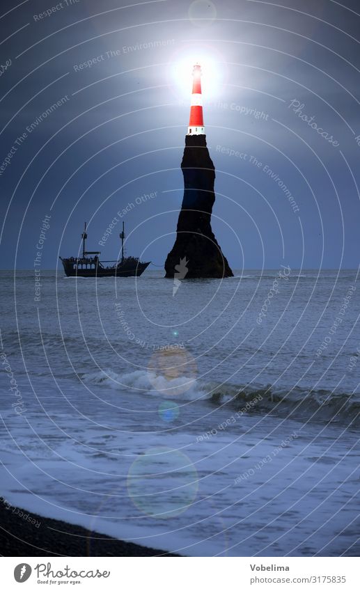 Composing: lighthouse on a rock Beach Ocean Waves Nature Landscape Rock Coast Navigation Sailboat Sailing ship Blue Red Black White rock needles Lighthouse