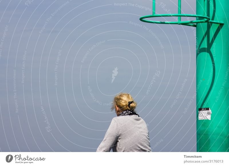 Leaving the shadows behind Woman Rear view look Sky Blue pier light Metal Green Shadow Denmark Vacation & Travel Beautiful weather Colour photo move forward