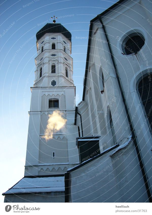 winter impression Winter Bell Allgäu Window House of worship Religion and faith Smoke Snow Sky Perspective Tower Marktoberdorf