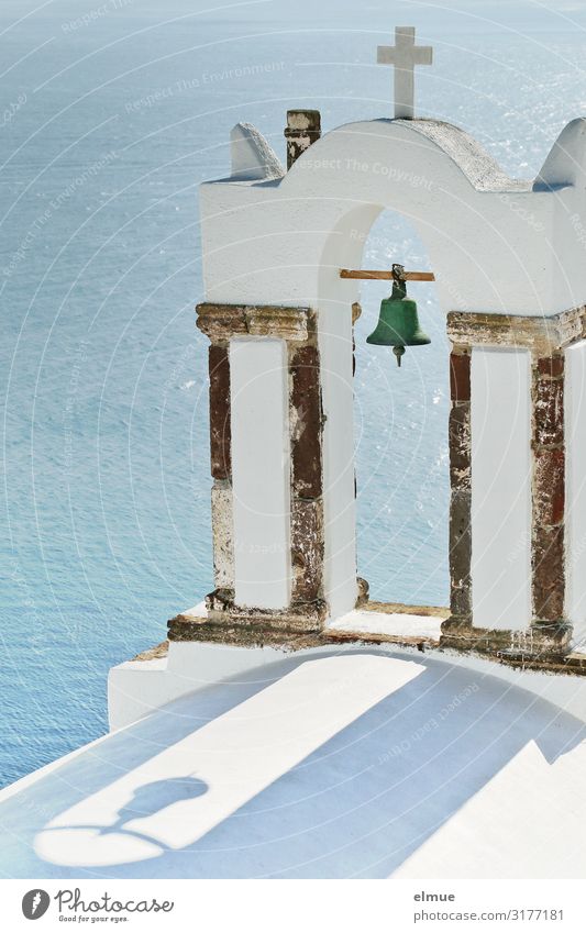 shadow play Greece Santorini Mediterranean sea Village Church Bell Bell tower Christian cross Shadow play Hang Simple Historic Blue White Contentment Power