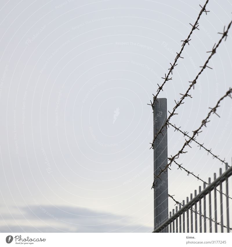 Stories of the fence (XVI) Sky Clouds Fence Fence post Barbed wire Point Metal Line Dark Creepy Safety Protection Watchfulness Endurance Unwavering Orderliness