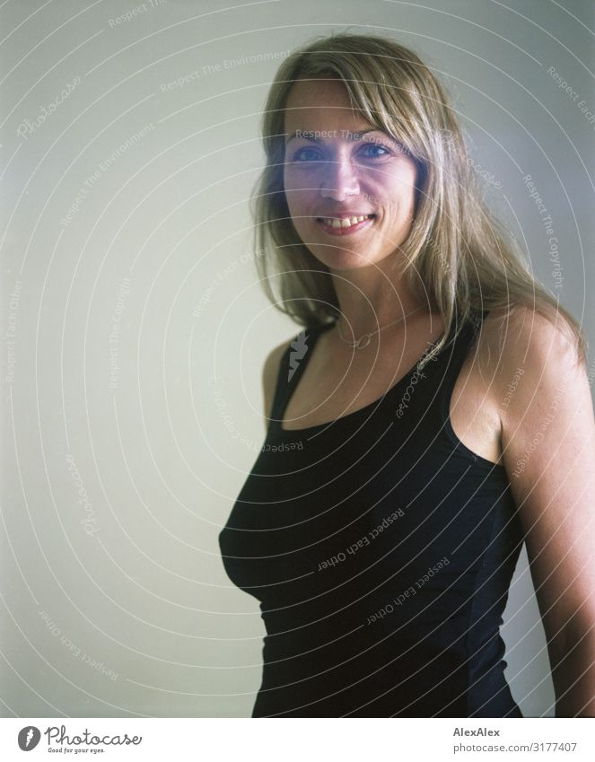 Analog Portrait of a Woman with Lightleaks Style Joy pretty Life Well-being Vignetting Adults 30 - 45 years Sleeveless t-shirt Blonde Long-haired Light leak