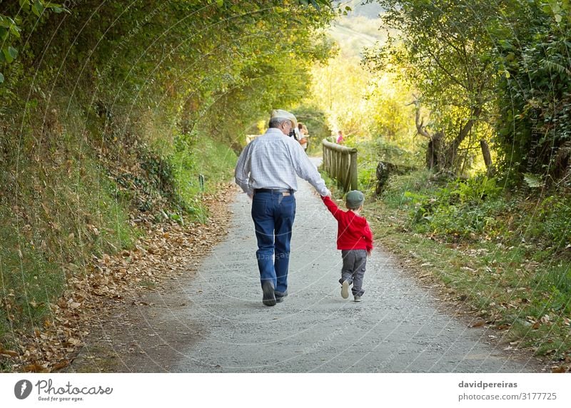 Grandfather and grandchild walking in nature path Lifestyle Joy Happy Leisure and hobbies Summer Child Baby Boy (child) Man Adults Parents Family & Relations