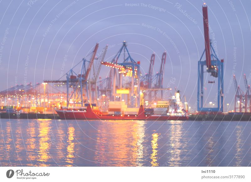 Blue hour in Övelgönne | UT Hamburg Machinery Technology Water Sky Autumn Coast River bank Port City Harbour Tourist Attraction Navigation Inland navigation