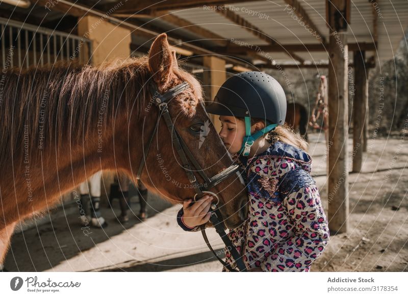 Girl kissing a horse Kissing Horse Bridle Stable Stall Lessons Horseback riding Ranch Woman Animal Youth (Young adults) Child Considerate Equipment