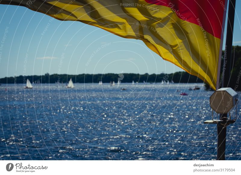 A day at the lake. Blue sky, sailboats and a flag in the wind. Joy Relaxation Sailing Trip Summer Aquatics Boating trip Environment Water Beautiful weather
