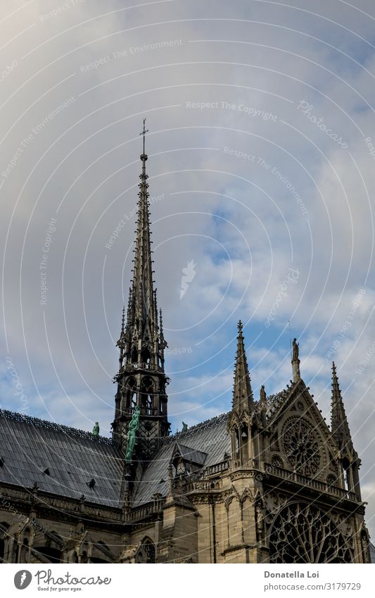 Notre Dame details Sky Church Dome Monument Old Religion and faith Other Keywords Paris Cathedral Copy Space famous France gothic Statue Vertical Colour photo