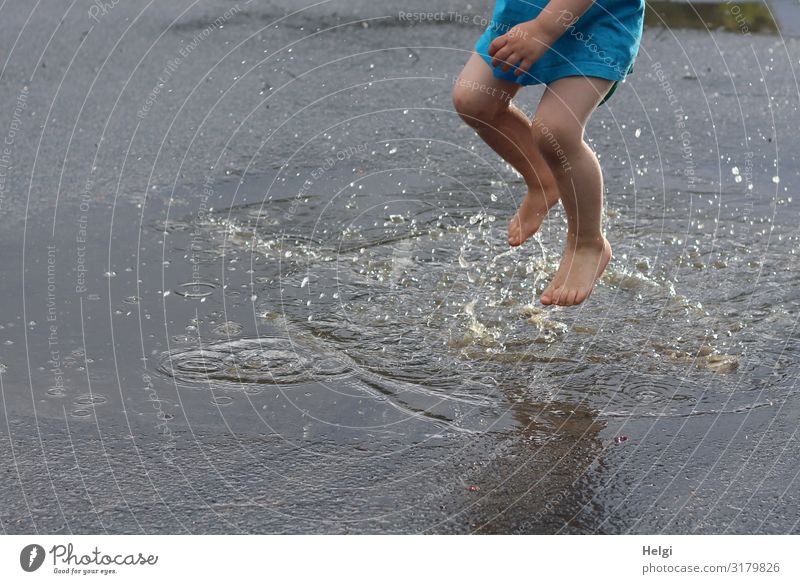 Close-up of a child jumping barefoot into a puddle Human being Masculine Child Legs Feet 1 3 - 8 years Infancy Environment Nature Water Summer Beautiful weather