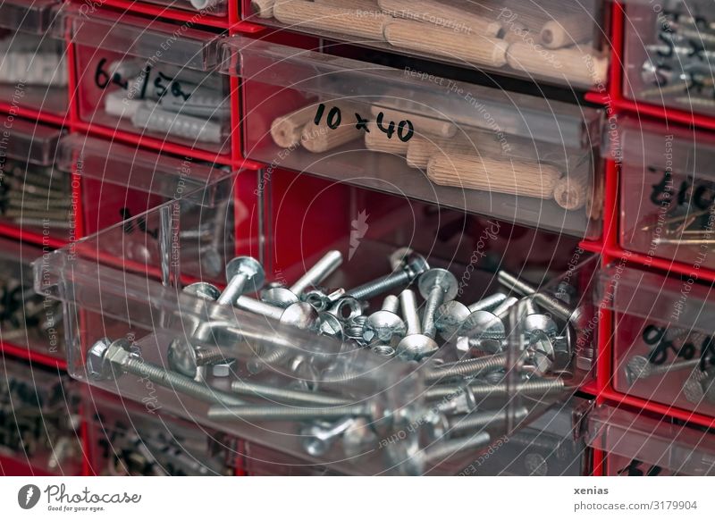 order must be..in the drawers with the screws Screw Drawer wooden dowels Rawplug Collection Metal Plastic Red Silver Arrange Arrangement Plastic box Lettering