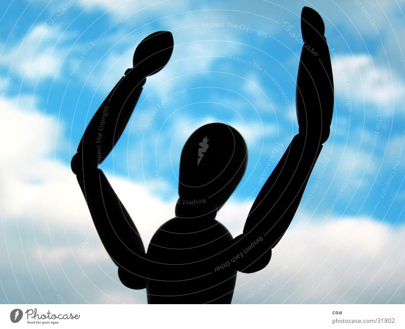 Put your hands up! Manikin Clouds White Black Obscure Sky Blue Shadow Joy Arm