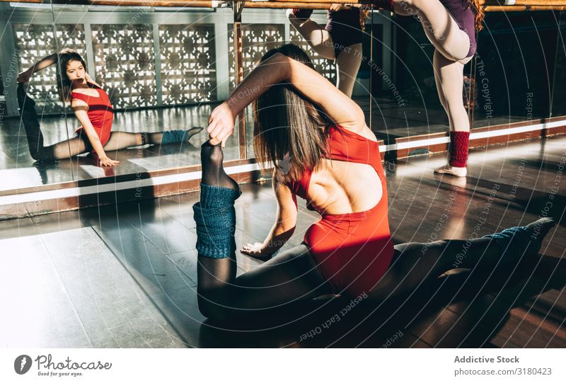 Two concentrated women warming up in sunny class in front of mirror. Woman dancers Stretching Studio shot Practice Sportswear Mirror Partner stretch flexibility