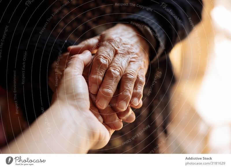 Man holding an elderly woman's hand Old Hand Hold Senior citizen Youth (Young adults) Grandchildren Grandmother Support Considerate Woman Doctor Love Patient