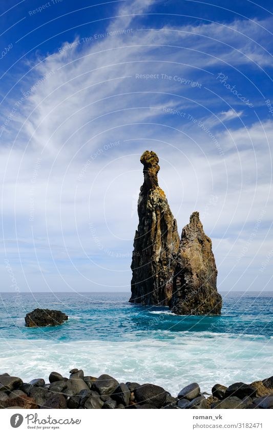 the rock in the surf Environment Nature Landscape Plant Elements Earth Water Sky Clouds Weather Beautiful weather Rock Lakeside Ocean Island Threat Famousness