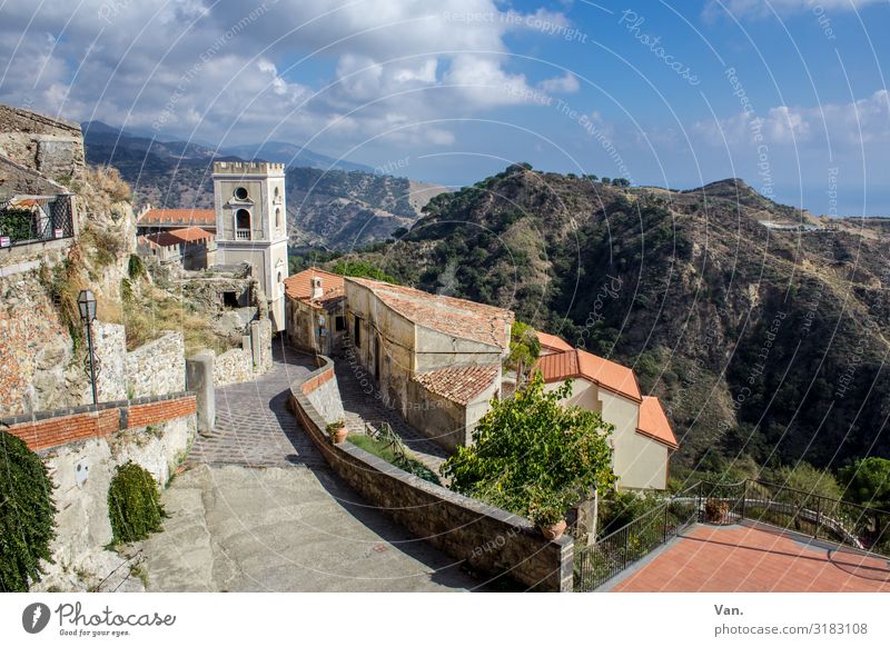 Savoca Sky Clouds Tree Hill Rock Mountain Sicily Italy Village House (Residential Structure) Church Tower Wall (barrier) Wall (building) Authentic Colour photo