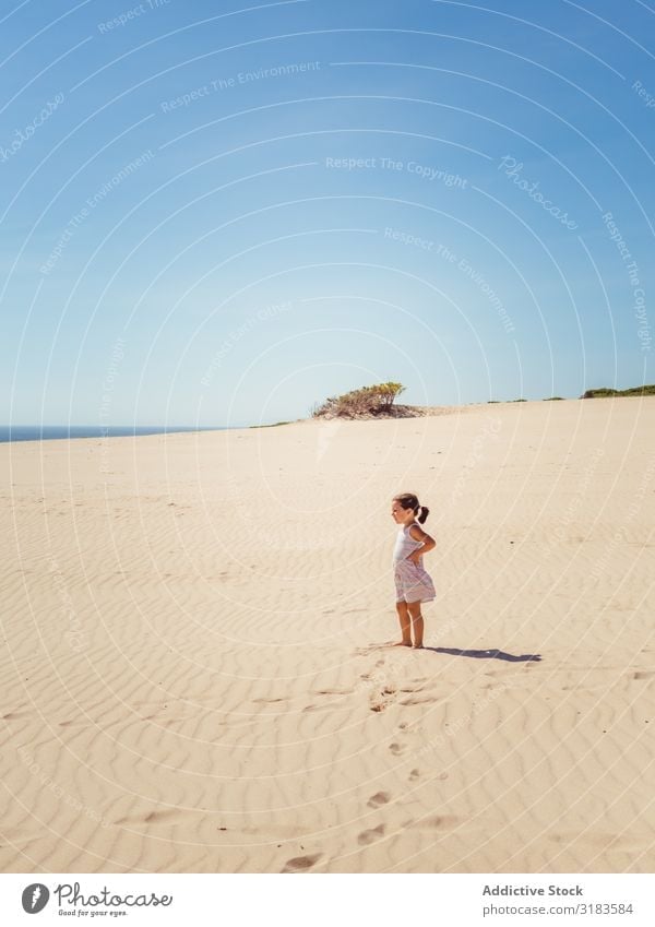 Cute little girl standing at sand dune Sand Beach Girl Child Small Playing Summer Vacation & Travel Ocean Youth (Young adults) Exterior shot Beautiful Happy