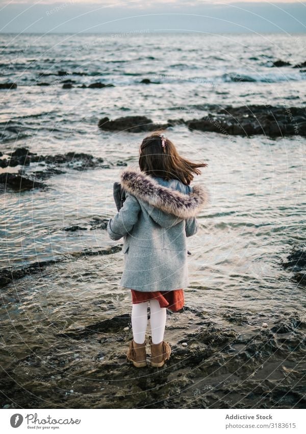 back view of little girl looking at sea Beach Girl Vantage point Looking Freedom Ocean Back Small Delightful Winter Stand Child Sand Water Vacation & Travel