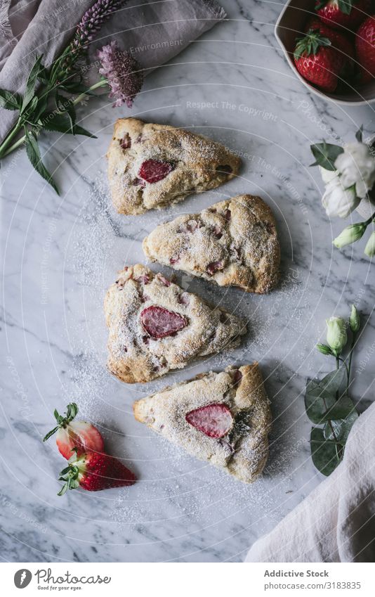 Strawberry scones on marble table Kitchen Table Baked goods Flower Marble Food Dessert Fruit Sweet Cookie biscuits Breakfast Morning Blossom Tasty Delicious