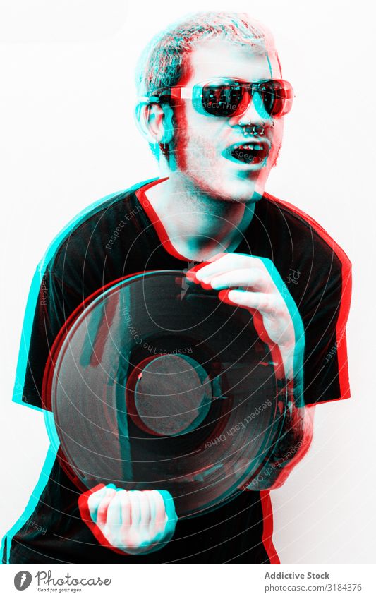 Three-dimensional photo of man with vinyl record Man Hipster Record Happy Hold Lifestyle Youth (Young adults) handsome Successful Cool (slang) Joy Cheerful