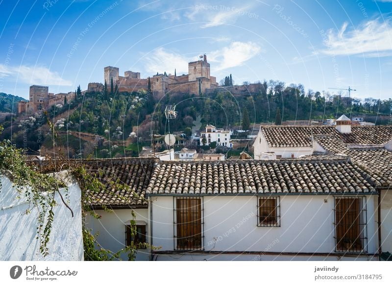 View of the Alhambra of Granada from the Albaicin Beautiful Vacation & Travel Tourism Mountain Culture Landscape Sky Clouds Palace Castle Building Architecture