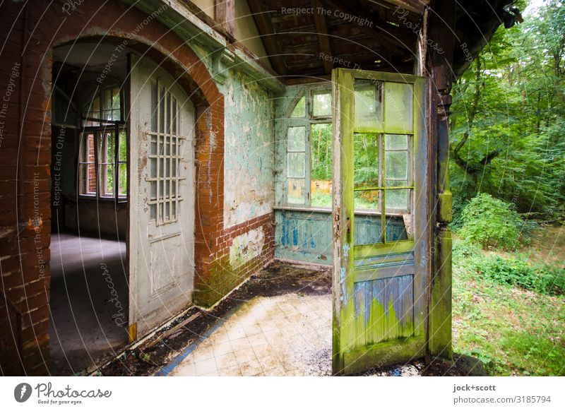 Green at the door of a ruin Architecture lost places Meadow Ruin Villa Terrace Dirty Historic Broken Style Past Transience Change Ravages of time Derelict