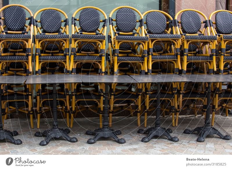 Unoccupied 3 chairs Stack of chairs Exterior shot Deserted Gastronomy Seating Sidewalk café