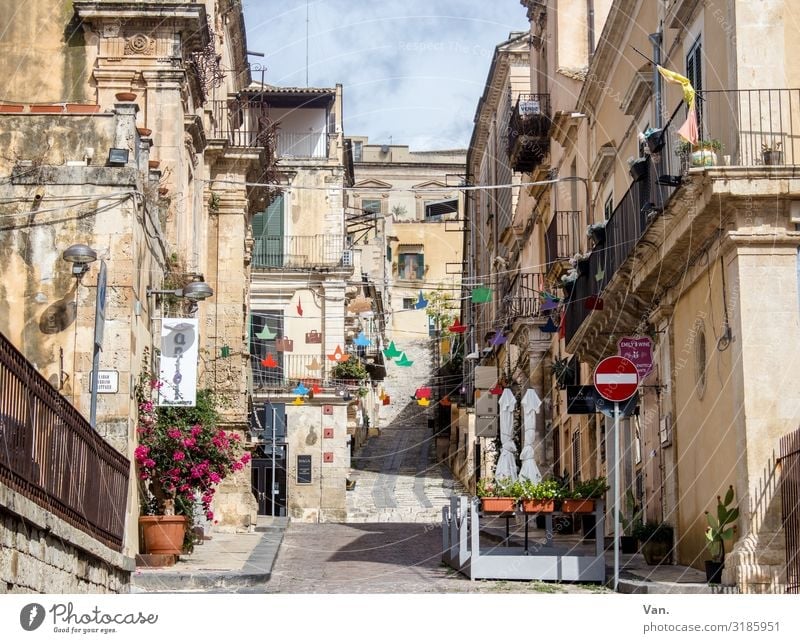 Noto, Sicily Sky Clouds Beautiful weather Small Town Old town Deserted House (Residential Structure) Balcony Street Road sign Authentic Italy Alley Paper chain