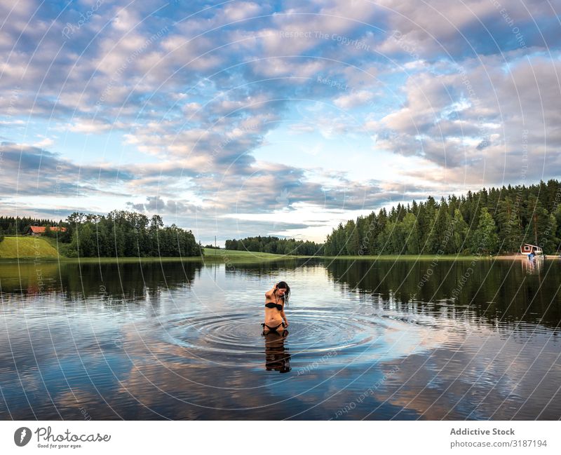 Woman in water in beautiful landscape Water Happy Vacation & Travel Leisure and hobbies Tourism Lifestyle Human being enjoyment Finland Swimming Summer Lake