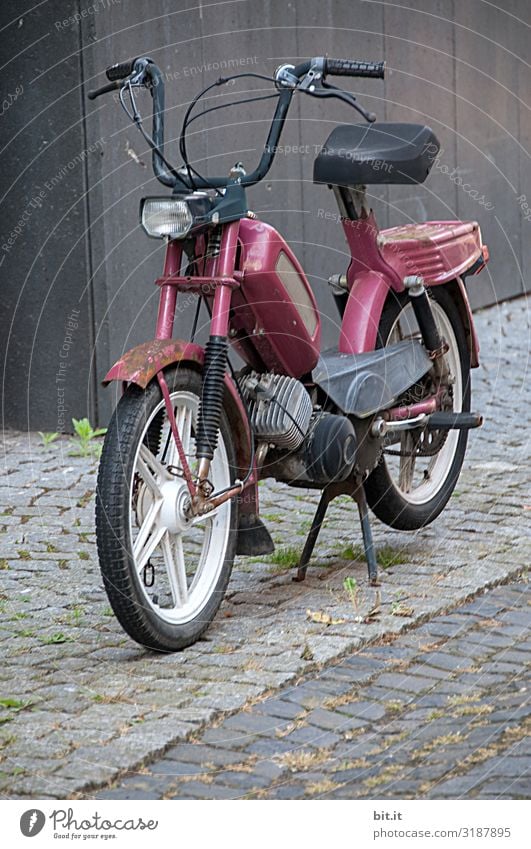 Old moped parked on the sidewalk. Lifestyle Style Design Leisure and hobbies Trip Adventure Far-off places Freedom Craftsperson Transport Means of transport