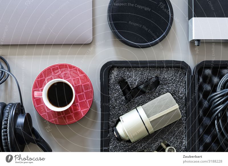 Podcasting / All you need (is coffee) Coffee Cup Media industry Notebook Cable Microphone Microphone lead Headphones Telecommunications Information Technology